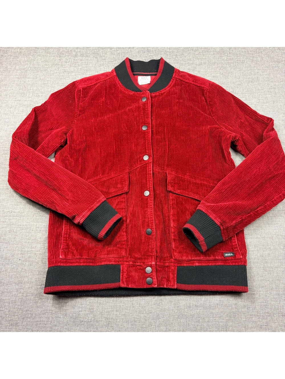 RVCA Womens Red Corduroy Bomber Jacket with Black Ribbed Trim